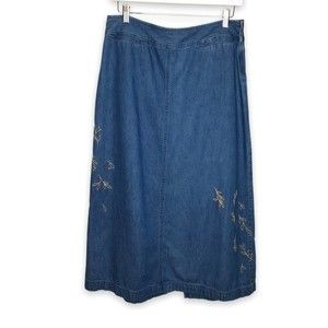 Crazy Horse Liz Clairborne Embroidered Long Denim Maxi Skirt Slit Back Size 12
